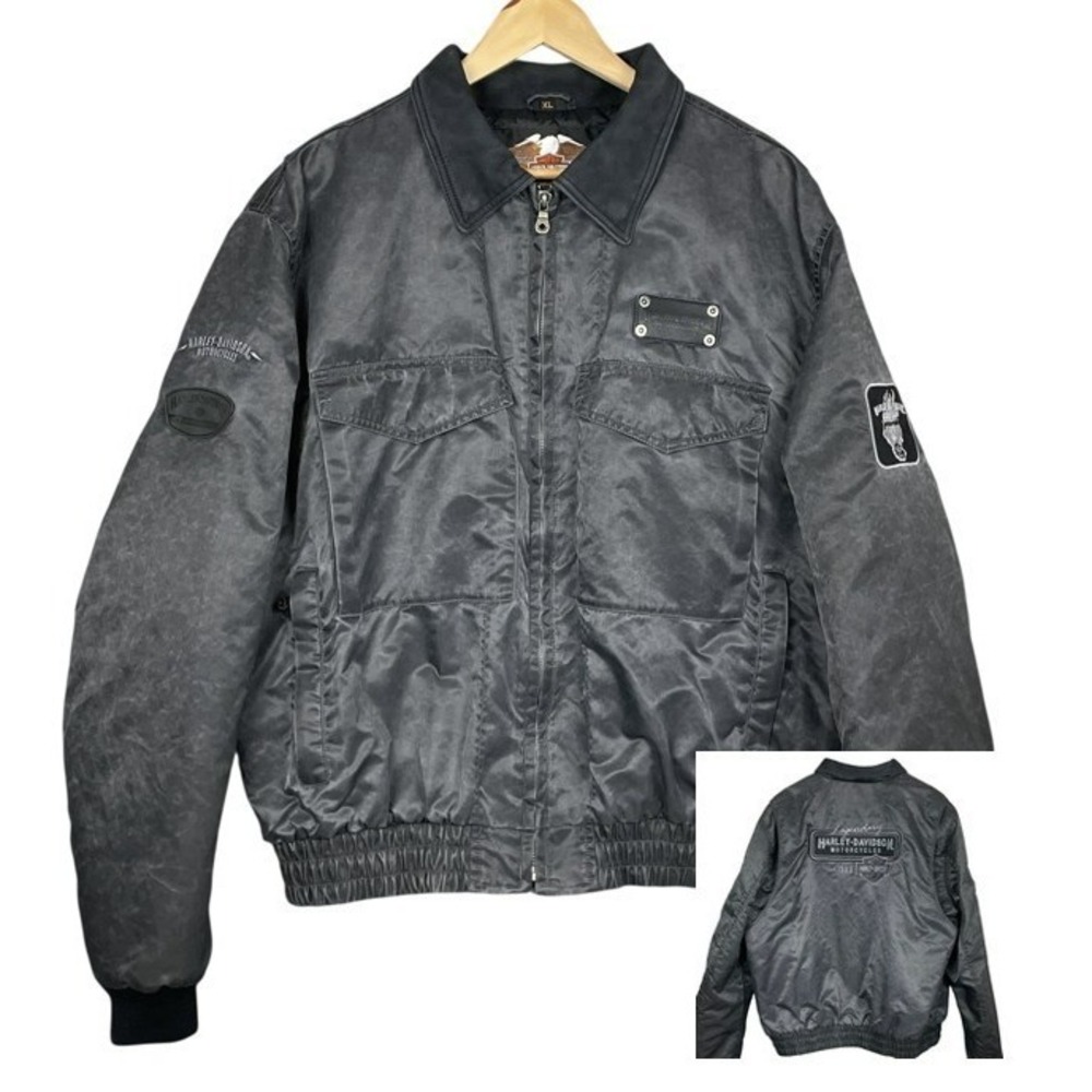 Vintage Harley Davidson Leather Collar Nylon Bomber Jacket Mens XL Patches 2003